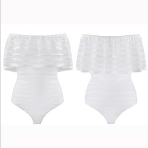 BCBGMAXAZRIA Ruffled Striped-Lace Bodysuit Off-The Shoulders White Size S NEW